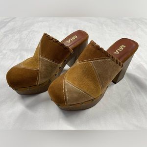 Vintage Mia Deadstock Patchwork Suede Studded Heeled Clog Mules 6.5 Y2K